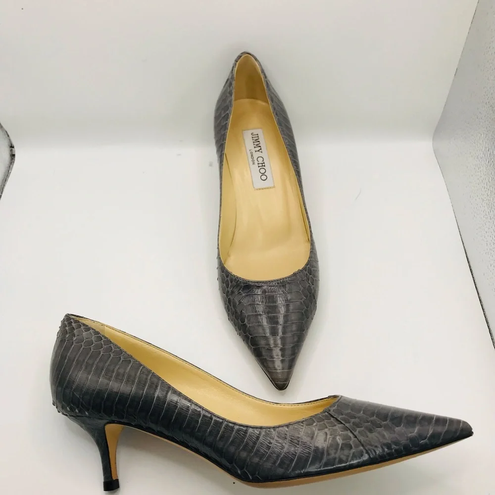 Jimmy Choo Gray Pointed-Toe Kitten Heel Pumps - Picture 1 of 12